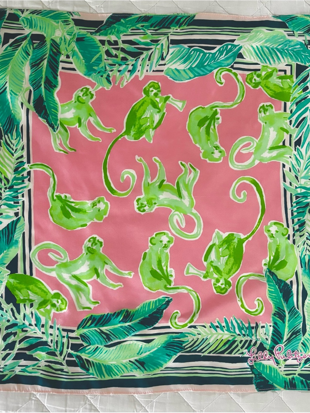 Lilly Pulitzer Silk Scarf Pink Green Tropical Monkey Palm Border 22"